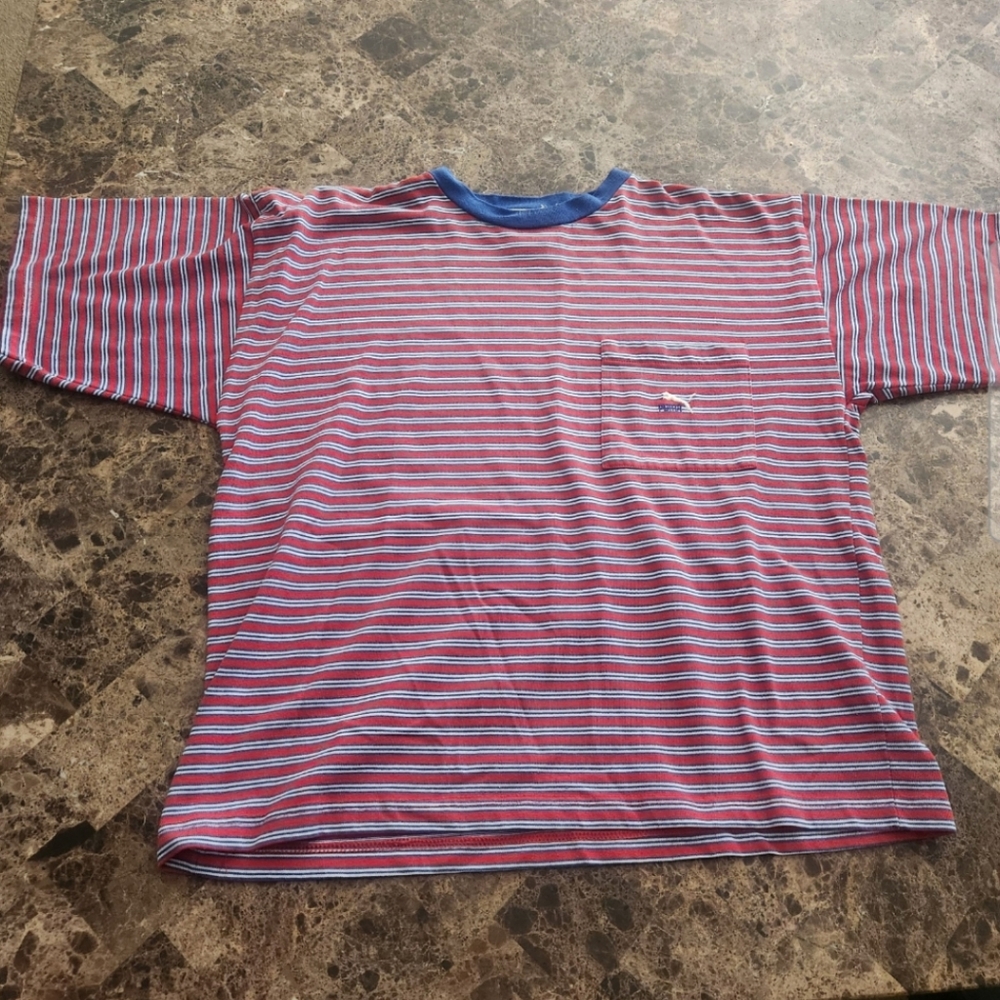Vintage Puma Red, White, And Blue Striped Tee Medium